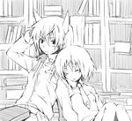  animal_ears arm_support bad_id bad_pixiv_id book closed_eyes eila_ilmatar_juutilainen fox_ears greyscale hand_behind_head kutsuwada_on monochrome multiple_girls necktie sanya_v_litvyak sleeping strike_witches world_witches_series 