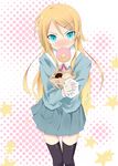  absurdres bag blonde_hair blue_eyes doughnut food highres kousaka_kirino long_hair mouth_hold ore_no_imouto_ga_konna_ni_kawaii_wake_ga_nai paper_bag school_uniform solo thighhighs tunamayochan 