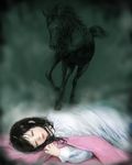  animal bad_id bad_pixiv_id bed_sheet black_eyes black_hair closed_eyes fantasy horse nightgown original pon sleeping 