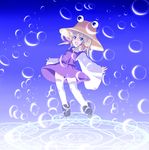  blonde_hair blue_eyes bubble dress eyes floating hat highres m.u.g.e.n magic_circle moriya_suwako nikku_(ra) open_mouth outstretched_arms short_hair solo spread_arms thighhighs touhou white_legwear zettai_ryouiki 