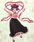  capelet foreshortening frills hands hat hat_ribbon highres kemuma mary_janes nagae_iku open_mouth outstretched_hand purple_hair red_eyes ribbon shawl shoes short_hair solo touhou 
