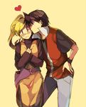  1girl bad_id bad_pixiv_id black_hair blonde_hair blush cheek_kiss couple heart hetero kiss long_hair no_hat no_headwear poke_ball pokemon pokemon_special ponytail red_(pokemon) simple_background waist_poke_ball yellow_(pokemon) yellow_background yellow_eyes yui_ko 