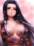  black_eyes black_hair blush boa_hancock breasts center_opening cleavage covered_nipples earrings fumio_(rsqkr) jewelry large_breasts lips long_hair one_piece solo 