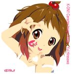  album_cover bad_id bad_pixiv_id bare_shoulders brown_eyes brown_hair castanets cover dress facepaint finger_frame hair_bobbles hair_ornament highres hirasawa_yui instrument k-on! kouchou parody short_hair simple_background solo strap_slip younger 