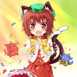  animal_ears blue_oni brown_eyes brown_hair cat_ears cat_tail chen earrings hat jewelry marimo_inu md5_mismatch multiple_tails oni red_oni short_hair solo tail touhou 