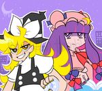  ba_gua blonde_hair book grin hat kirisame_marisa michelle_(mukky) mini-hakkero multiple_girls nail_polish panty_&amp;_stocking_with_garterbelt parody patchouli_knowledge purple_hair purple_nails smile style_parody touhou trigram watermark witch_hat yellow_nails yin_yang 