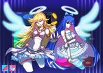  alternate_costume angel_wings blonde_hair blue_eyes blue_hair bow coin earrings hair_bow halo jewelry long_hair midriff multiple_girls navel panty_&amp;_stocking_with_garterbelt panty_(psg) skirt smile stocking_(psg) striped striped_legwear thighhighs todee wings 