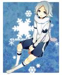  blue_eyes blue_hair character_name fubuki_shirou hakuren inazuma_eleven inazuma_eleven_(series) light_smile looking_up male_focus open_mouth sabutarou scarf shorts sitting snowflakes socks solo 