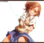  biribiri brown_eyes brown_hair clenched_teeth coin electricity hair_ornament hairpin letterboxed misaka_mikoto sachito school_uniform short_hair skirt solo teeth to_aru_kagaku_no_railgun to_aru_majutsu_no_index uniform 