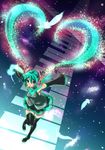  aqua_eyes aqua_hair blush detached_sleeves hatsune_miku headphones headset heart_hair highres long_hair necktie rokko skirt solo thighhighs twintails very_long_hair vocaloid 