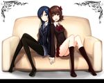  amami_haruka black_legwear blue_eyes blue_hair brown_hair couch feet idolmaster idolmaster_(classic) jennifer_yamada kisaragi_chihaya long_hair multiple_girls one_eye_closed pantyhose red_eyes school_uniform short_hair sitting 