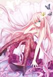  argyle argyle_legwear bare_shoulders blue_eyes breasts bug butterfly cleavage cross flower hair_flower hair_ornament high_heels insect koto_(colorcube) long_hair looking_at_viewer medium_breasts megurine_luka nail_polish pantyhose pink_hair pink_legwear pink_nails shoes sitting solo very_long_hair vocaloid 