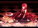  bare_shoulders barefoot book bow checkered checkered_floor choker copyright_request dress food hair_bow letterboxed long_hair red_eyes red_hair reflection shoes shoes_removed sitting solo sugar_coating sunakumo very_long_hair wariza 