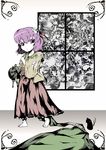  bad_id bad_pixiv_id cat flower hair_flower hair_ornament hieda_no_akyuu japanese_clothes koohee obi purple_eyes purple_hair sash scroll short_hair solo touhou 