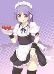  :p black_legwear crossdressing food fruit happiness! highres kashiwamochi_yomogi long_hair maid male_focus otoko_no_ko purple_eyes purple_hair skirt skirt_lift solo strawberry thighhighs tongue tongue_out watarase_jun wristband zettai_ryouiki 