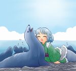  1girl :3 ^_^ bangs blue_hair blue_sky chestnut_mouth closed_eyes cloud drill_locks eyebrows_visible_through_hair frilled_kimono frills green_kimono horizon japanese_clothes kimono long_sleeves mermaid monster_girl ocean open_mouth outdoors sea_lion ship short_hair sky touhou wakasagihime watercraft wide_sleeves yukimuro 