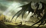  black_dragon blue_eyes cape cloud clouds dragon human scales sky sunlight tail talons tameraire village wings 