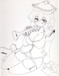  boots breasts cleavage greyscale hat instrument large_breasts merlin_prismriver monochrome okiraku_nikku panties solo thighhighs touhou trumpet underwear 