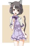  animal_ears black_hair bow brown_eyes cat cat_ears cat_tail catgirl kemonomimi mitarai_fumika neko nekomimi school_uniform seikon_no_qwaser short_hair skirt smile tail 