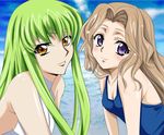  breasts brown_hair c.c. cleavage code_geass flat_chest green_hair long_hair multiple_girls nunnally_lamperouge one-piece_swimsuit purple_eyes smile suzaku_(oekaki_no_sekai) swimsuit yellow_eyes 