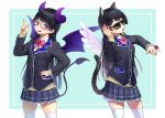  1girl :d animal_ears black_hair blue_eyes blush bow bowtie braid breasts cat_ears cat_tail demon_horns demon_tail demon_wings glasses hair_ornament hairclip hand_on_hip highres horns jewelry kath looking_at_viewer nijisanji open_mouth pleated_skirt ring school_uniform skirt sleeves_past_wrists smile solo sunglasses tail thighhighs tsukino_mito virtual_youtuber white_legwear wings 