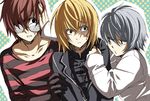  black_eyes blonde_hair cross death_note gloves goggles jewelry matt matt_(death_note) mello near necklace o3o open_mouth red_hair rosary shueisha sweat white_hair 