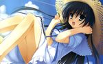  black_hair blue_eyes cropped dress hat highres kobuichi kousaka_chihaya long_hair natsuzora_kanata non-web_source notebook pencil sitting solo straw_hat sun_hat wallpaper widescreen wooden_pencil 