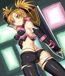  ass back blonde_hair brown_eyes crimson_tears elbow_gloves gloves huge_weapon kaede_(crimson_tears) shunzou smile solo sword torn_clothes twintails weapon 