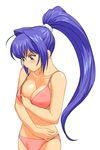  a1 absurdres adjusting_bra adjusting_clothes ahoge bare_shoulders blue_eyes blue_hair blush bra breast_hold breasts cleavage hayase_mitsuki highres kimi_ga_nozomu_eien large_breasts lingerie long_hair panties ponytail solo standing stomach underwear underwear_only 