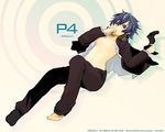  androgynous bad_id bad_pixiv_id barefoot blue_eyes blue_hair blush breasts lying maguchimo medium_breasts open_clothes open_shirt persona persona_4 shirogane_naoto shirt short_hair socks solo wallpaper 