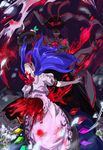  blood blood_from_mouth blood_splatter carrier_(pixiv) death evil_smile food fruit guro hat head_back hinanawi_tenshi long_hair multiple_girls nagae_iku peach puffy_short_sleeves puffy_sleeves purple_hair rainbow_order red_eyes shirt short_hair short_sleeves smile touhou very_long_hair white_shirt 