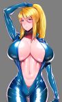  1girl absurdres blonde_hair blue_eyes breasts cleavage gluteal_fold grey_background hair_between_eyes highres large_breasts long_hair metroid mole mole_under_mouth nintendo parted_lips ponytail samus_aran simple_background solo sweat unzipped wolffeld zero_suit 