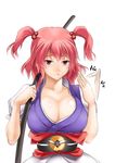  breasts cleavage hair_bobbles hair_ornament huge_breasts onozuka_komachi pink_hair red_eyes red_hair short_hair soba_(saz) solo touhou two_side_up 
