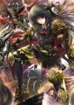  1girl armor belt_pouch black_gloves black_hair black_legwear boots breasts dragon elbow_gloves forte_(shingeki_no_bahamut) gloves highres holding holding_weapon horns long_hair looking_at_viewer morozumi_(ratexizuki) pouch red_eyes red_neckwear shadowverse shingeki_no_bahamut solo thighhighs very_long_hair weapon 