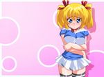  blonde_hair blue_eyes blush breasts erogos large_breasts mahotama miki_(mahotama) shy simple_background skirt thighhighs 