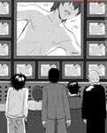  death_note funny l l_(death_note) matsuda_touta monitor monochrome sitting television watari what yagami_light yagami_soichiro yagami_souichirou 