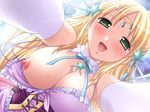  akiyoshi_yoshiaki blonde_hair blush breasts corset dress from_below game_cg gloves gohoushi_princess green_eyes large_breasts looking_down nipples princess ribbon solo sweat wardrobe_malfunction 