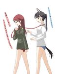  animal_ears bare_legs black_hair cat_ears closed_eyes couple grey_eyes kanata_(sentiment) leash legs long_hair minna-dietlinde_wilcke multiple_girls panties red_hair red_rope rope sakamoto_mio strike_witches tail underwear uniform world_witches_series yuri 