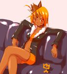  crossed_legs crown dark_skin heatheads masha meteos orange_eyes orange_hair personification sitting solo 