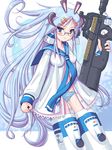  animal_ears blue_hair bullpup glasses gun habanero-tan horns long_hair milk milk-san open_clothes open_shirt original p90 panties phkmjx shirt solo striker_unit striped striped_panties submachine_gun suggestive_fluid underwear weapon 