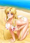  barefoot beach bikini blonde_hair blue_eyes bracelet breasts cleavage crescent crescent_hair_ornament day food hair_ornament huge_breasts jewelry long_hair popsicle sharon_(words_worth) solo swimsuit takatan very_long_hair words_worth 