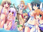  6+girls 800x600 bikini blush breasts cleavage doppuri_nakadashi_gakuen_sensou everyone game_cg miyasu_risa multiple_girls pool sling_bikini swimsuit v wink 