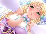  akiyoshi_yoshiaki blonde_hair blush breasts corset dress gohoushi_princess green_eyes large_breasts long_hair nipples open_mouth princess ribbon solo sweat wardrobe_malfunction 