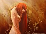  2007 breasts covering_face elfen_lied hair_over_eyes highres ink long_hair lucy_(elfen_lied) markings medium_breasts no_nipples nude red_hair sideboob solo source_request tattoo very_long_hair wallpaper 