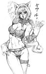  animal_ears araki_hirohiko_(style) bra final_fantasy final_fantasy_xi gochou_(kedama) greyscale jojo_no_kimyou_na_bouken lingerie mithra monochrome muscle panties parody short_hair solo style_parody tail underwear 