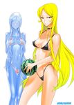  bikini blonde_hair blush breasts choker claire_(ginga_tetsudou_999) covered_nipples crystal food fruit ginga_tetsudou_999 green_eyes holding holding_food holding_fruit long_hair maetel maid_headdress medium_breasts micro_bikini multiple_girls satou_shouji swimsuit thigh_gap very_long_hair watermelon 