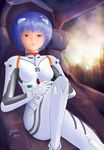  absurdres alarmy artist_name ayanami_rei bangs blue_hair bodysuit bracer breasts building cityscape cloud cloudy_sky cockpit collaboration convenient_leg feet_out_of_frame gloves headgear highres knee_up leaning_back looking_at_viewer miche neon_genesis_evangelion number parted_lips pilot_suit plugsuit red_eyes short_hair signature sitting sky skyscraper small_breasts smile solo straight_hair sunlight sunset turtleneck white_bodysuit 