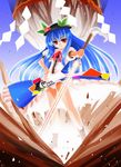  blue_hair food fruit hat hinanawi_tenshi hisame_genta keystone long_hair non-web_source panties peach rope shide shimenawa solo sword sword_of_hisou touhou underwear weapon 