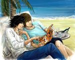  beach black_hair brown_hair death_note l l_(death_note) magazine ocean playboy reading sitting smile tree yagami_light 