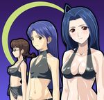  ahoge akizuki_ritsuko bikini black_sarong blue_hair blush braid breasts brown_eyes brown_hair choker cleavage frilled_bikini frills glasses idolmaster idolmaster_(classic) idolmaster_1 kisaragi_chihaya large_breasts medium_breasts midriff miura_azusa moon muhi11234 multiple_girls navel red_eyes sarong swimsuit twin_braids 